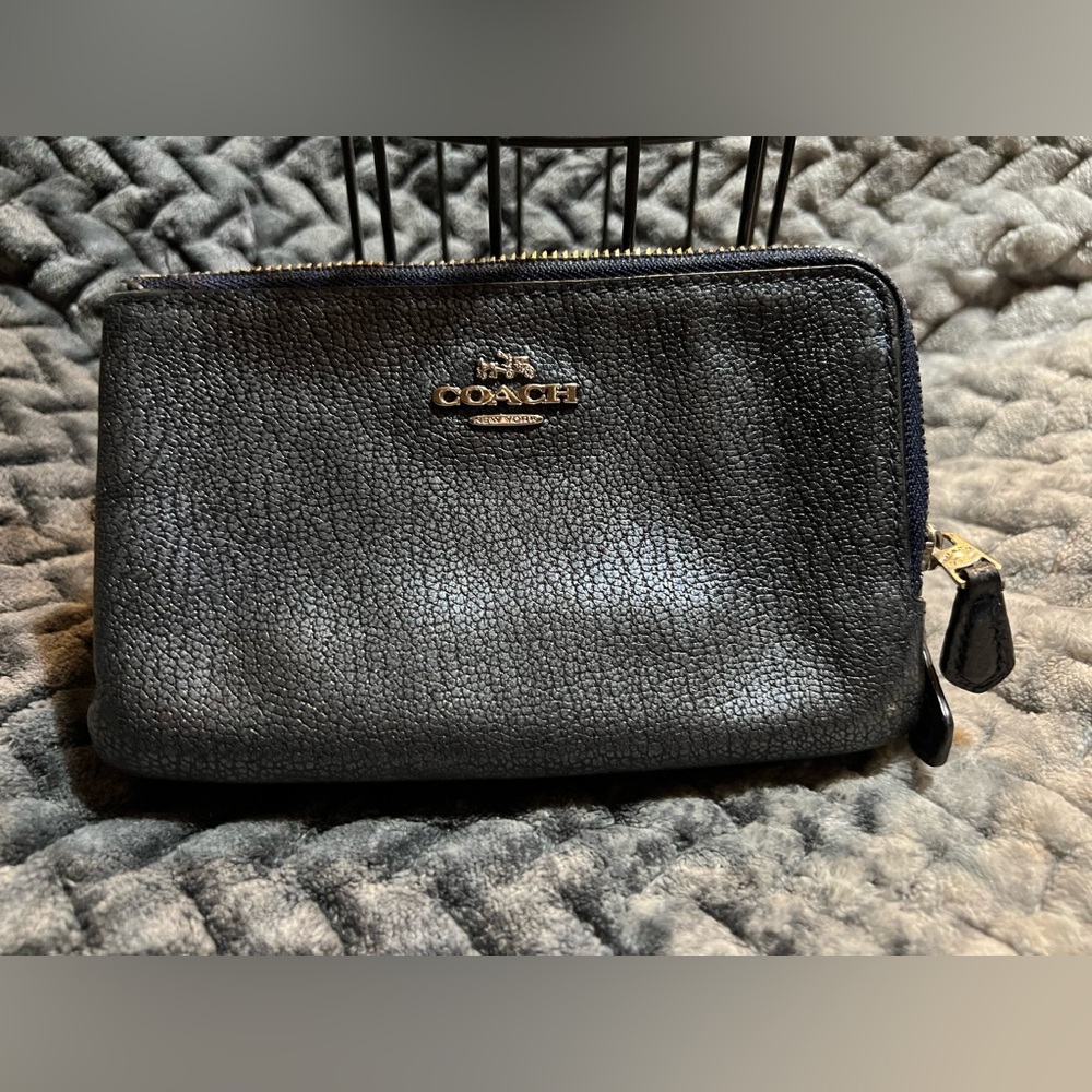 Coach Metallic Blue Pebbled Textured Leather Dual L Zipper Wristlet.